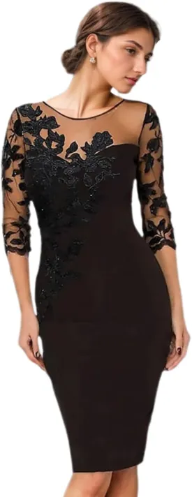 2025 Fashion Sheath/Column Mother of The Bride Dress Illusion 3/4 Length Sleeve Knee Length Lace Appliques Evening Dress