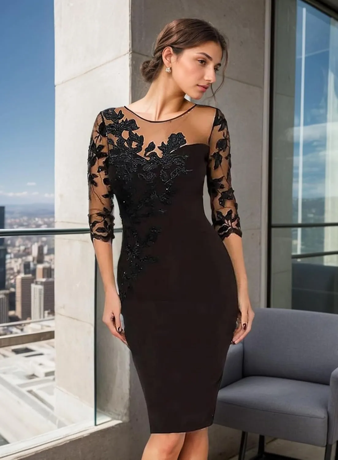 2025 Fashion Sheath/Column Mother of The Bride Dress Illusion 3/4 Length Sleeve Knee Length Lace Appliques Evening Dress