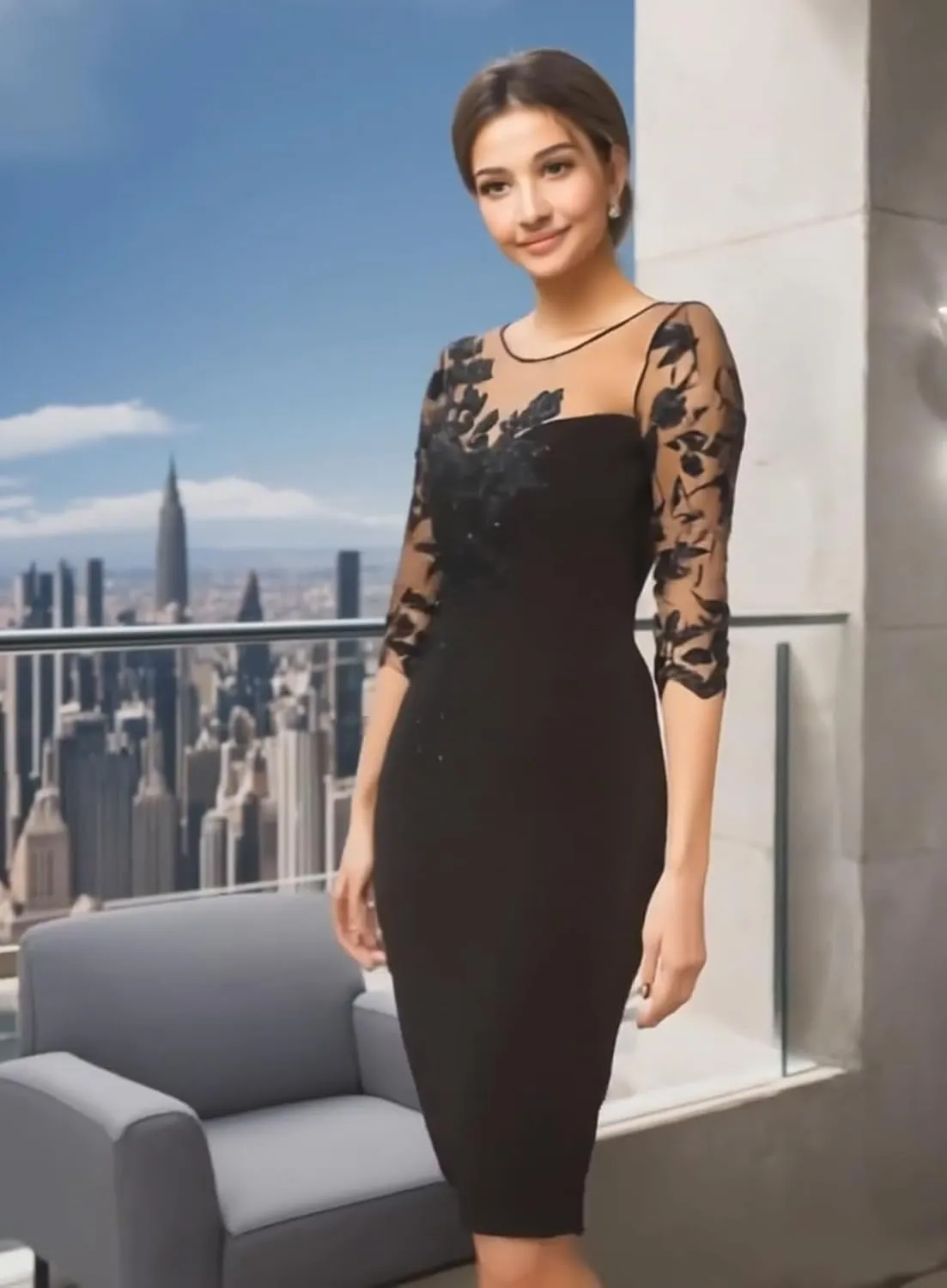 2025 Fashion Sheath/Column Mother of The Bride Dress Illusion 3/4 Length Sleeve Knee Length Lace Appliques Evening Dress