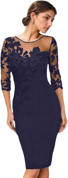 2025 Fashion Sheath/Column Mother of The Bride Dress Illusion 3/4 Length Sleeve Knee Length Lace Appliques Evening Dress