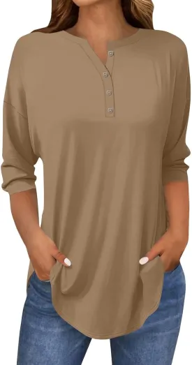 3/4 Length Sleeve Womens Tops 2025 Casual Loose Fit Long Tunic Tops Henley Neck Three Quarter Sleeve Button Up Shirts