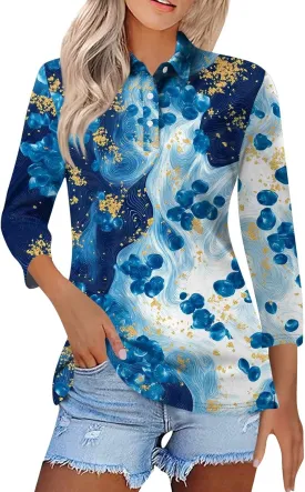 3/4 Sleeve Tops Polo Shirts for Women,Vintage Printed V Neck T Shirt Casual Blouses Button Down Pullover S-3Xl