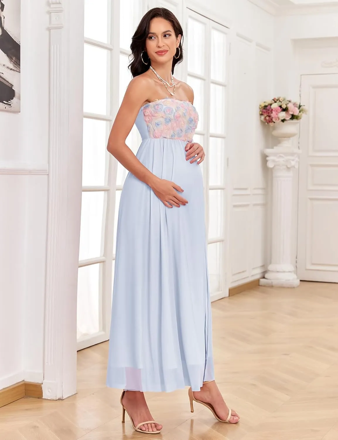 3D Floral Mesh Split Strapless Maternity Dress Tube A-Line Pregnancy Dresses Baby Shower Photoshoot