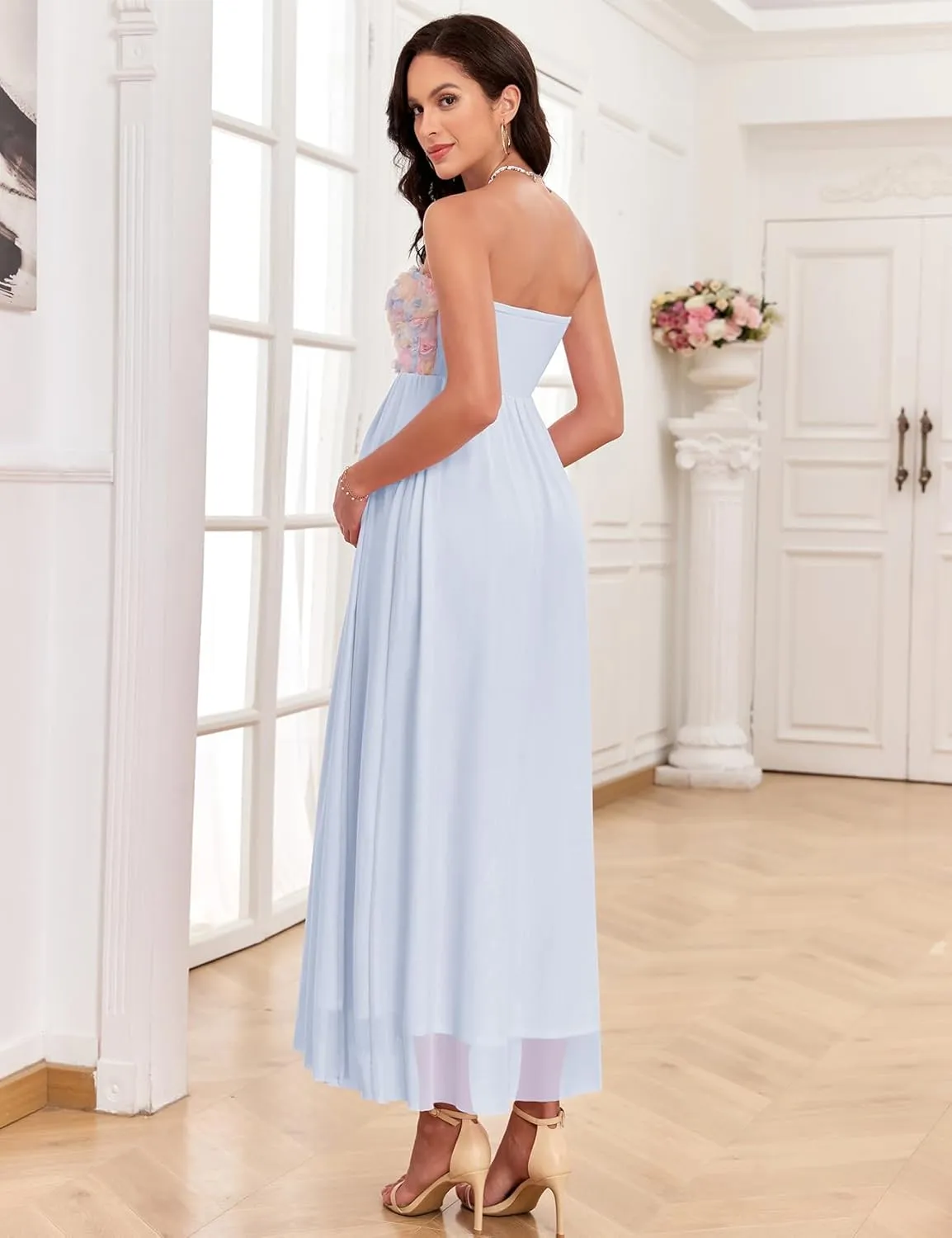 3D Floral Mesh Split Strapless Maternity Dress Tube A-Line Pregnancy Dresses Baby Shower Photoshoot