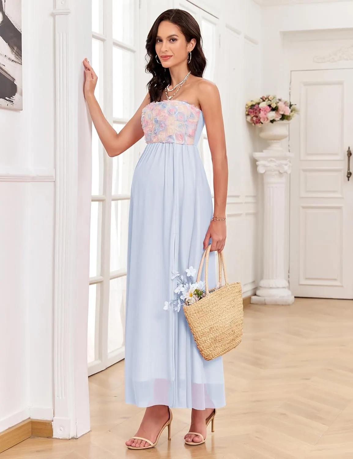 3D Floral Mesh Split Strapless Maternity Dress Tube A-Line Pregnancy Dresses Baby Shower Photoshoot