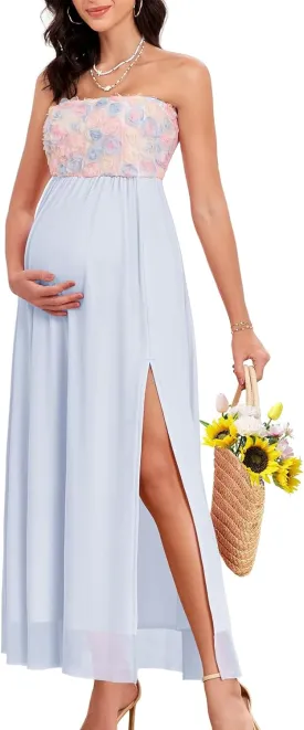 3D Floral Mesh Split Strapless Maternity Dress Tube A-Line Pregnancy Dresses Baby Shower Photoshoot