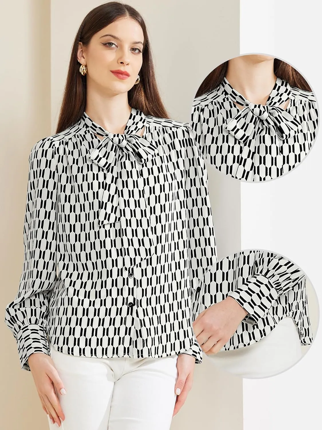 Allegra K Floral Blouse for Women's Tie Neck Long Sleeve Casual Chiffon Print Shirt Tops