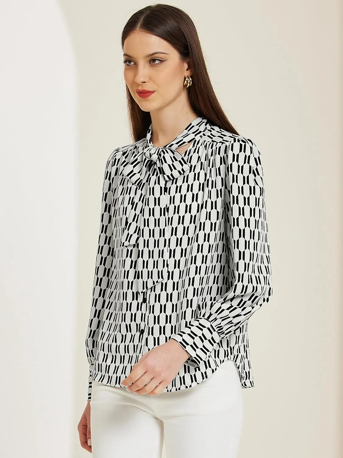 Allegra K Floral Blouse for Women's Tie Neck Long Sleeve Casual Chiffon Print Shirt Tops