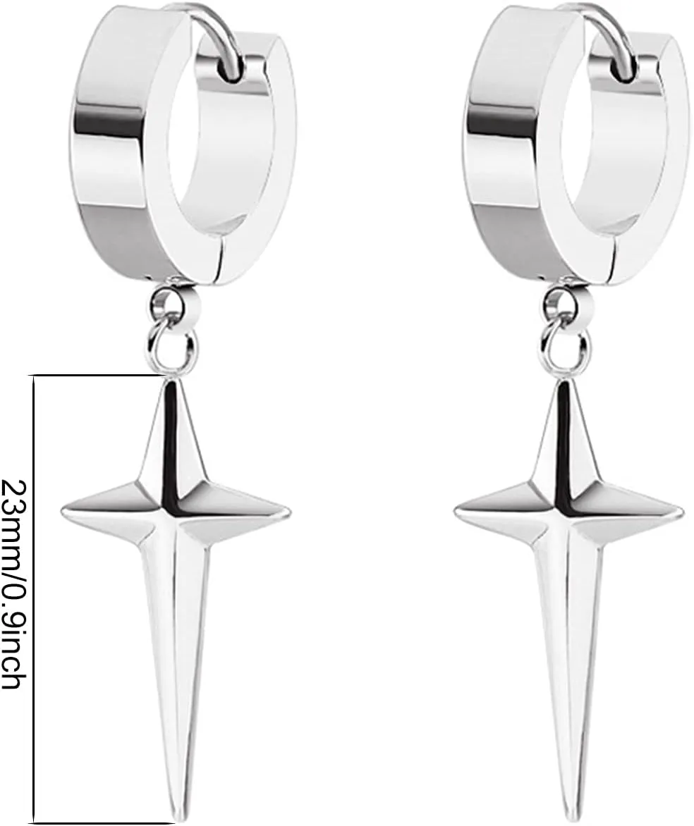 ANDPAI Personalized Punk 316L Stainless Steel Cross Star Hoop Dangle Drop Earrings Small Black Kpop Stainless Steel Geometry Huggie Hoop Earrings for Men Women Statement Jewelry Gifts