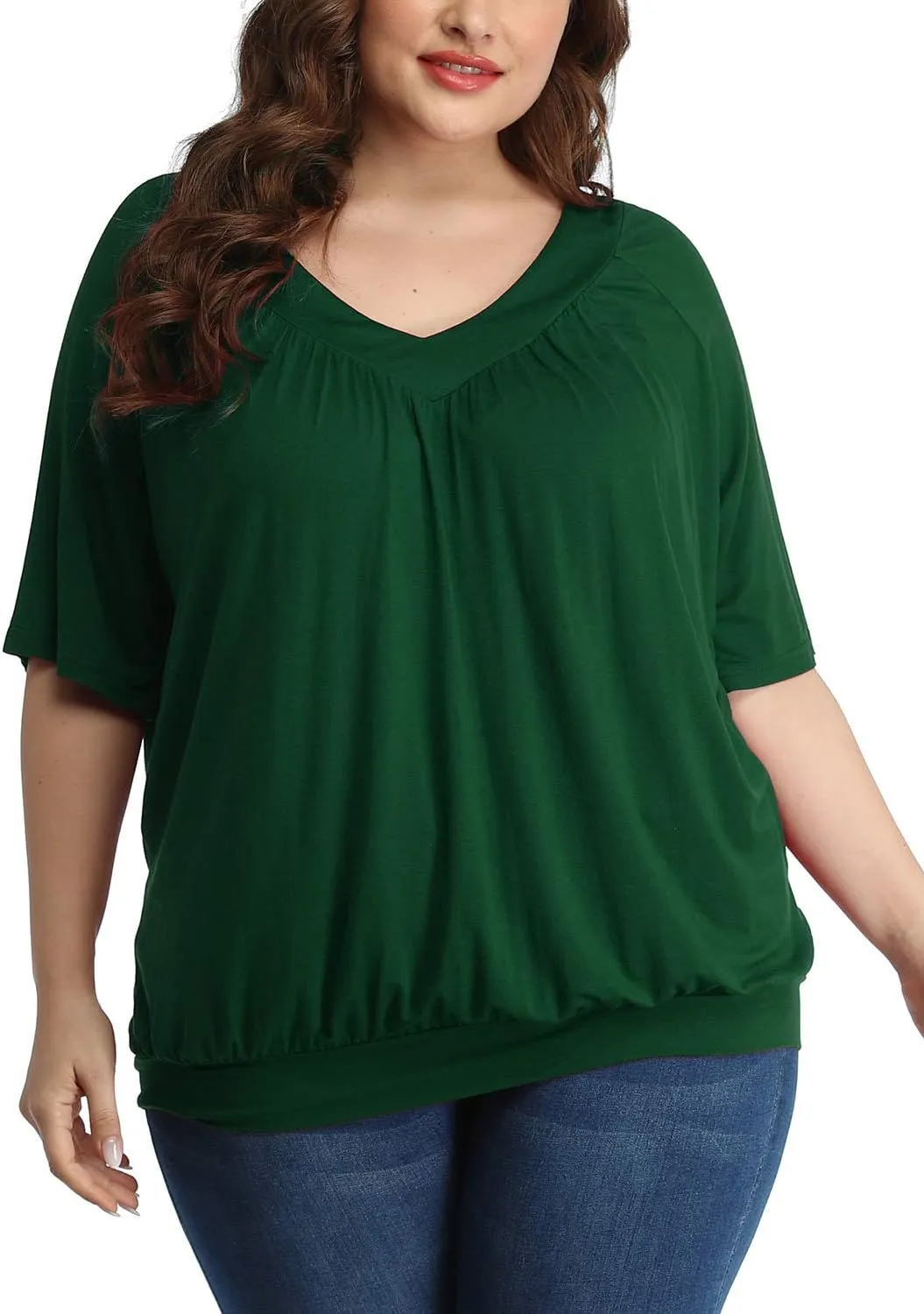 andy & natalie Women's Plus Size Tops Pleated V Neck Loose Baggy Blouse T Shirts