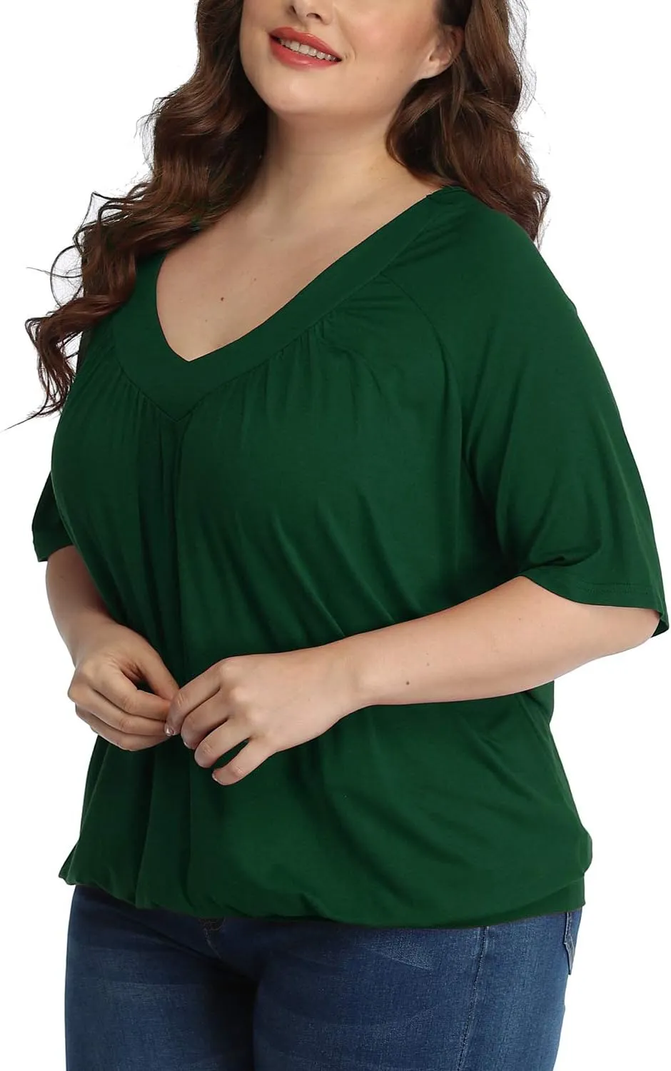 andy & natalie Women's Plus Size Tops Pleated V Neck Loose Baggy Blouse T Shirts