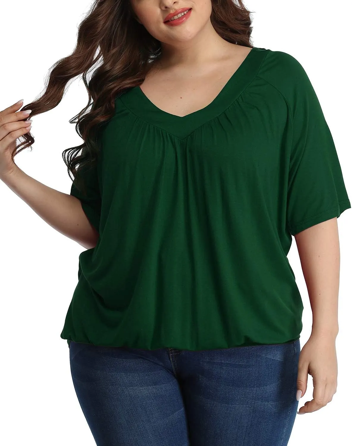andy & natalie Women's Plus Size Tops Pleated V Neck Loose Baggy Blouse T Shirts
