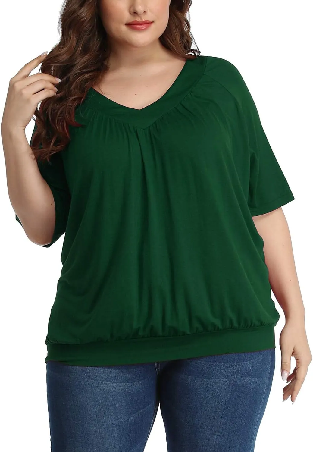 andy & natalie Women's Plus Size Tops Pleated V Neck Loose Baggy Blouse T Shirts