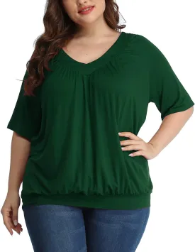 andy & natalie Women's Plus Size Tops Pleated V Neck Loose Baggy Blouse T Shirts