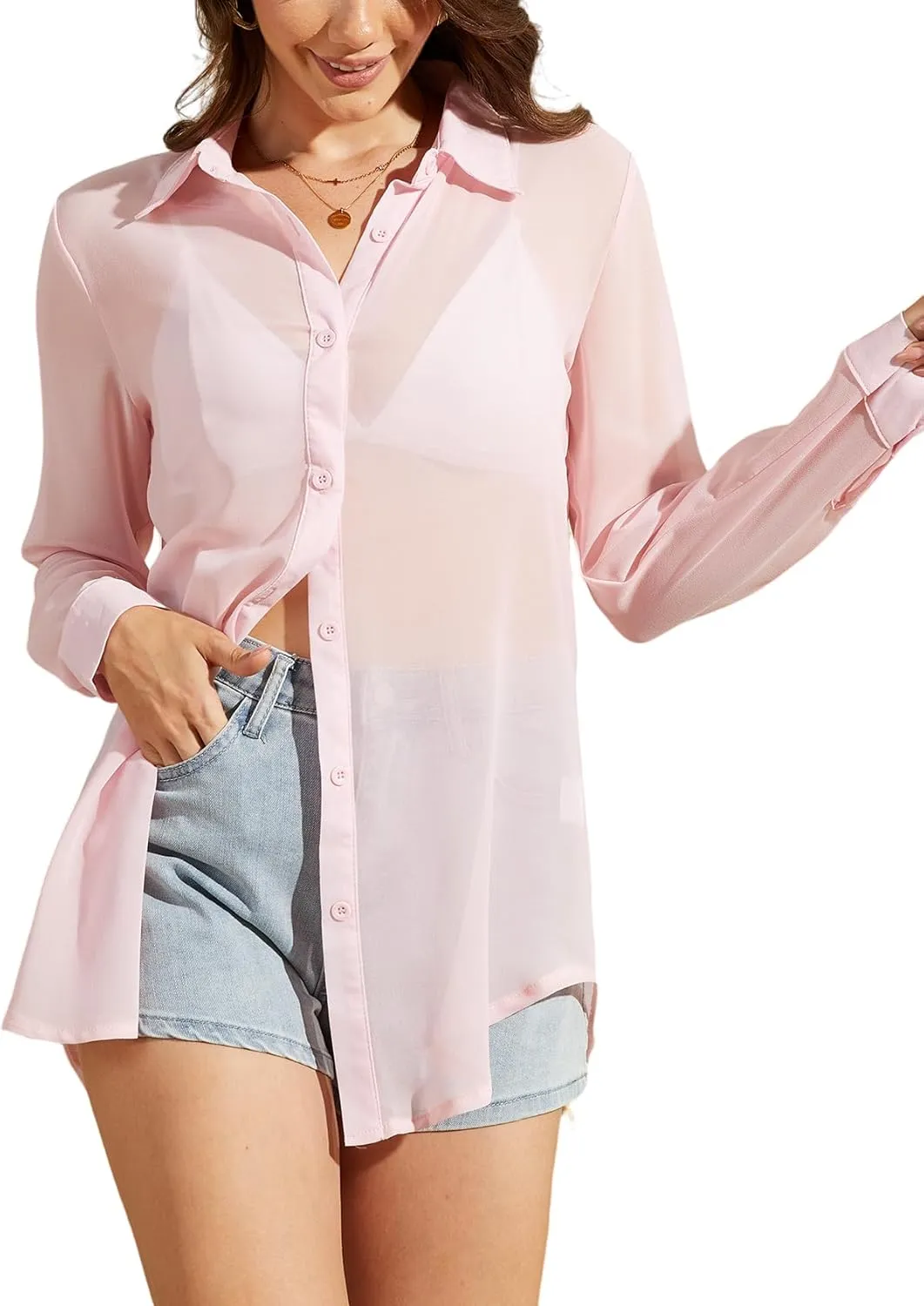 Arssm Women Sheer Button Up Blouse Mesh Long Sleeve Sexy See Through Tops Fashion Trendy Mesh Shirts Tops