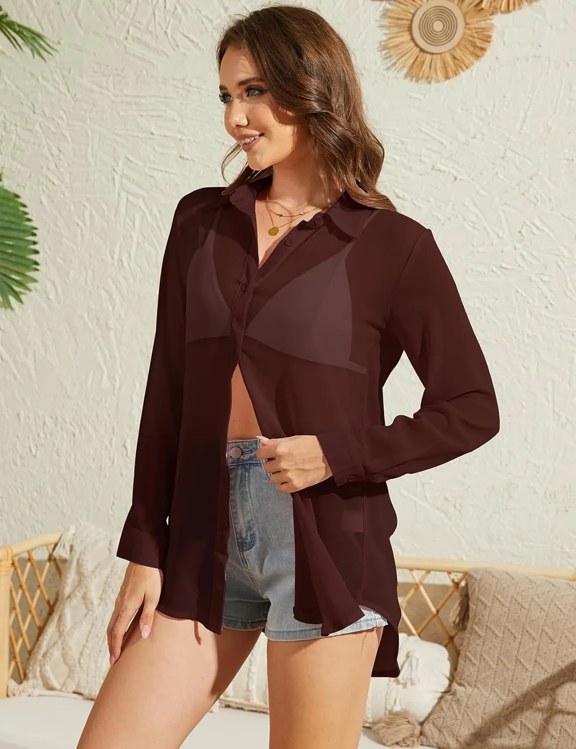 Arssm Women Sheer Button Up Blouse Mesh Long Sleeve Sexy See Through Tops Fashion Trendy Mesh Shirts Tops