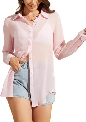 Arssm Women Sheer Button Up Blouse Mesh Long Sleeve Sexy See Through Tops Fashion Trendy Mesh Shirts Tops