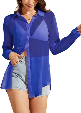 Arssm Women Sheer Button Up Blouse Mesh Long Sleeve Sexy See Through Tops Fashion Trendy Mesh Shirts Tops