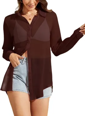 Arssm Women Sheer Button Up Blouse Mesh Long Sleeve Sexy See Through Tops Fashion Trendy Mesh Shirts Tops