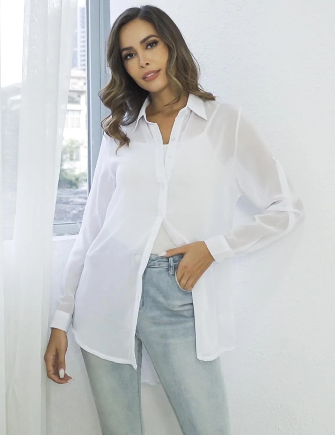 Arssm Women Sheer Button Up Blouse Mesh Long Sleeve Sexy See Through Tops Fashion Trendy Mesh Shirts Tops