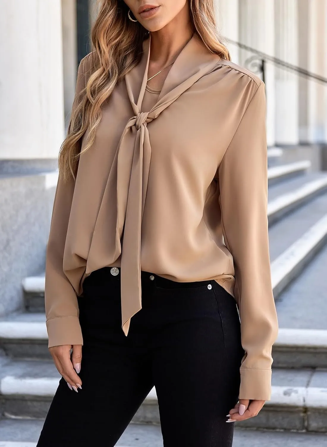 Astylish Women's Bow Tie Neck Long Sleeve Dressy Elegant Office Work Blouse Shirt Tops