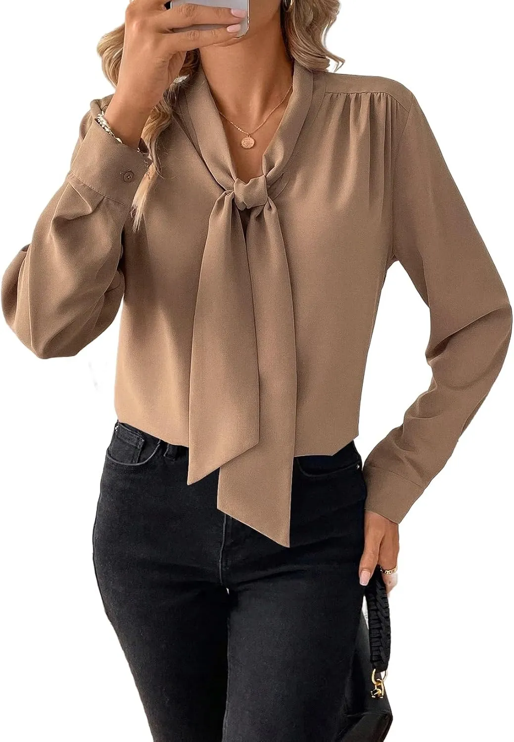 Astylish Women's Bow Tie Neck Long Sleeve Dressy Elegant Office Work Blouse Shirt Tops