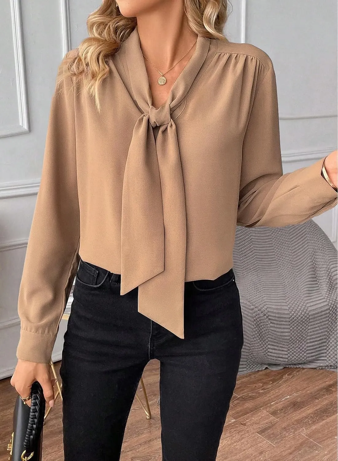 Astylish Women's Bow Tie Neck Long Sleeve Dressy Elegant Office Work Blouse Shirt Tops