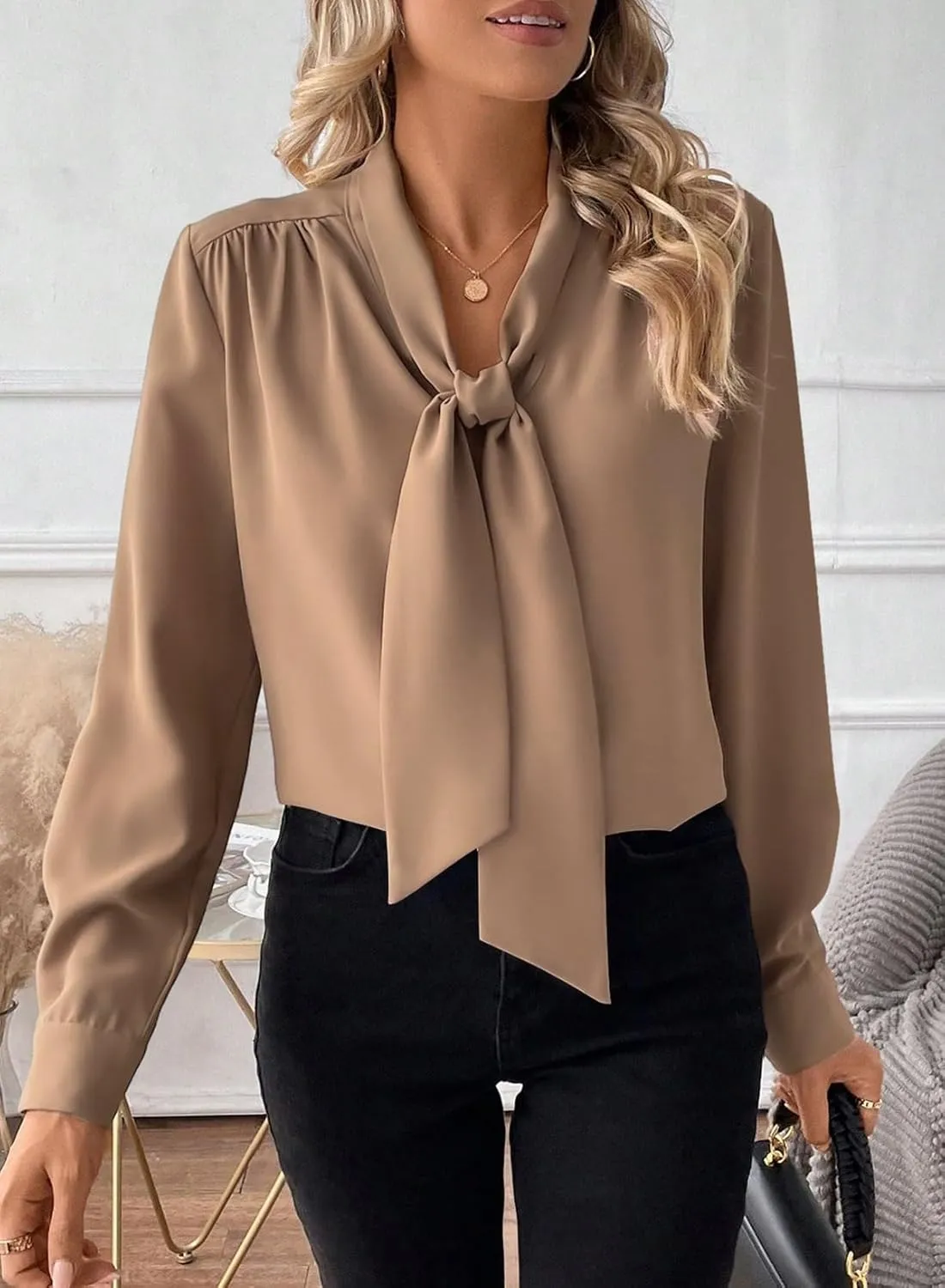 Astylish Women's Bow Tie Neck Long Sleeve Dressy Elegant Office Work Blouse Shirt Tops