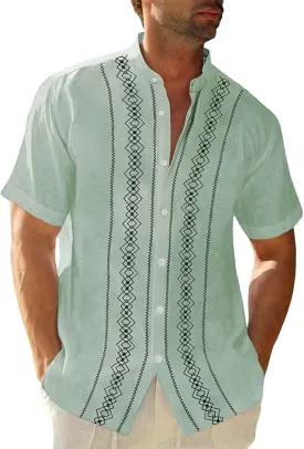 Beach Top for Men Geometric Patterns Stripe Summer Short Sleeve Shirt Camp Cuban Guayabera Button Down Shirt