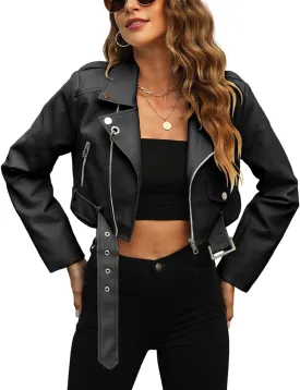 Bellivera Women's Cropped Faux Leather Jacket Bomber Casual Zip Up Coat PU Moto Bike Outwear with Pockets