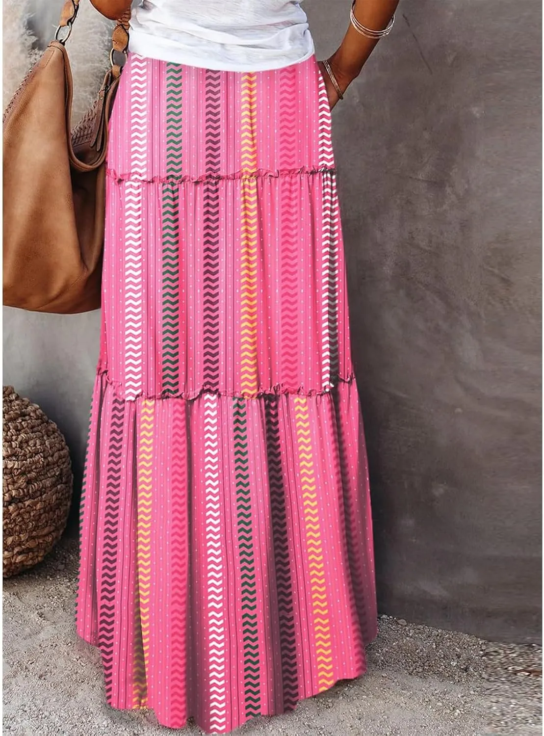 Boho Maxi Skirts for Women Casual High Waisted Tiered A Line Skirt Pleated Ruffle Hem Flowy Long Skirts with Pockets