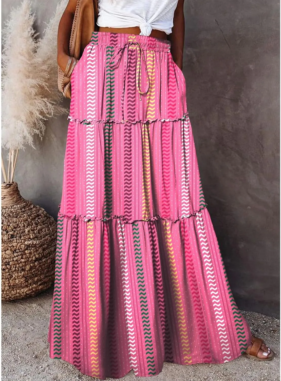 Boho Maxi Skirts for Women Casual High Waisted Tiered A Line Skirt Pleated Ruffle Hem Flowy Long Skirts with Pockets