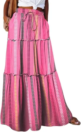 Boho Maxi Skirts for Women Casual High Waisted Tiered A Line Skirt Pleated Ruffle Hem Flowy Long Skirts with Pockets