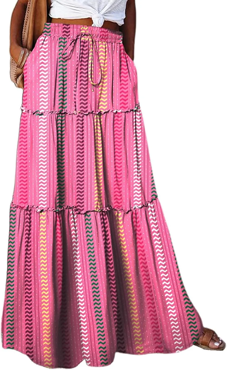 Boho Maxi Skirts for Women Casual High Waisted Tiered A Line Skirt Pleated Ruffle Hem Flowy Long Skirts with Pockets