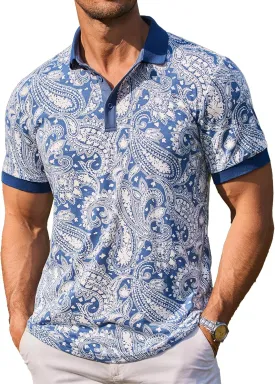 COOFANDY Mens Casual Short Sleeve Polo Shirts Slim Fit Paisley Polo T Shirts Floral Print Shirt