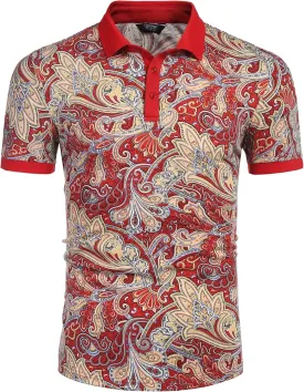 COOFANDY Mens Casual Short Sleeve Polo Shirts Slim Fit Paisley Polo T Shirts Floral Print Shirt