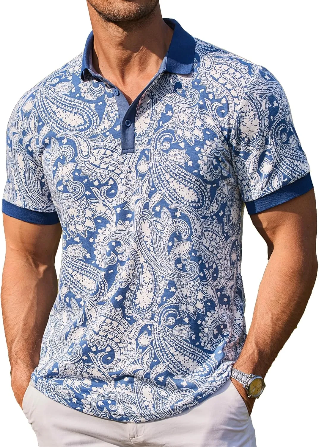 COOFANDY Mens Casual Short Sleeve Polo Shirts Slim Fit Paisley Polo T Shirts Floral Print Shirt