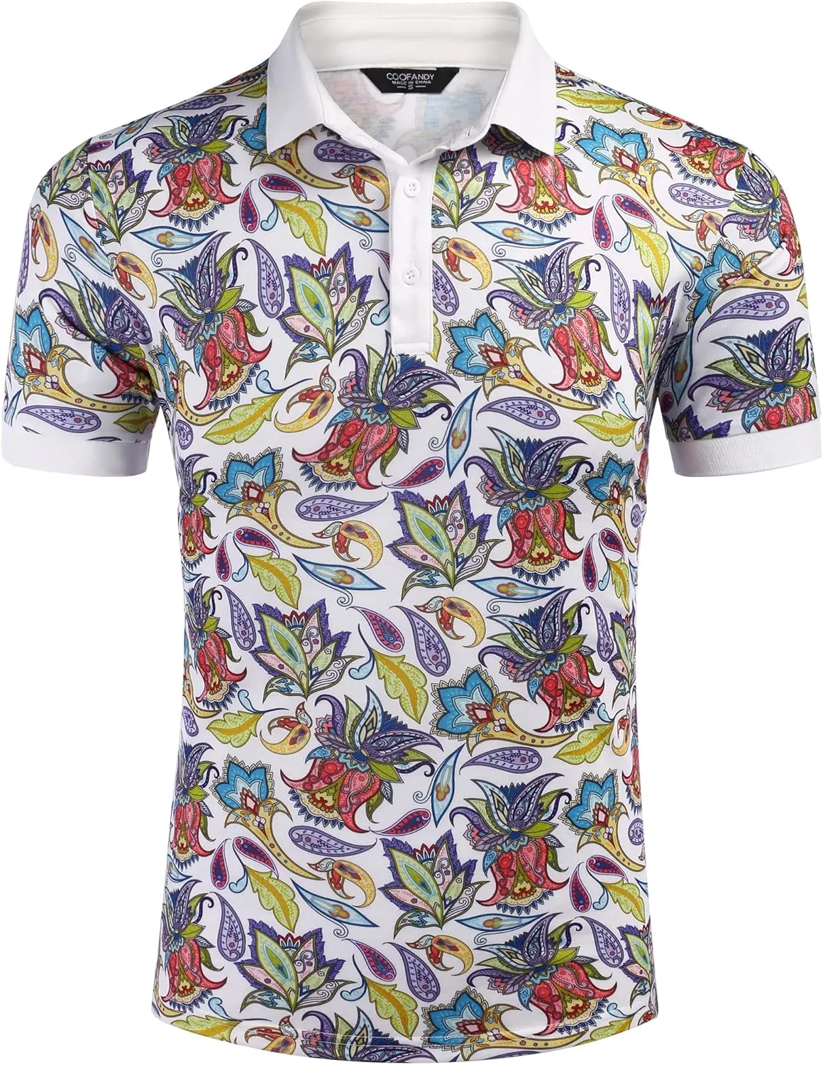 COOFANDY Mens Casual Short Sleeve Polo Shirts Slim Fit Paisley Polo T Shirts Floral Print Shirt