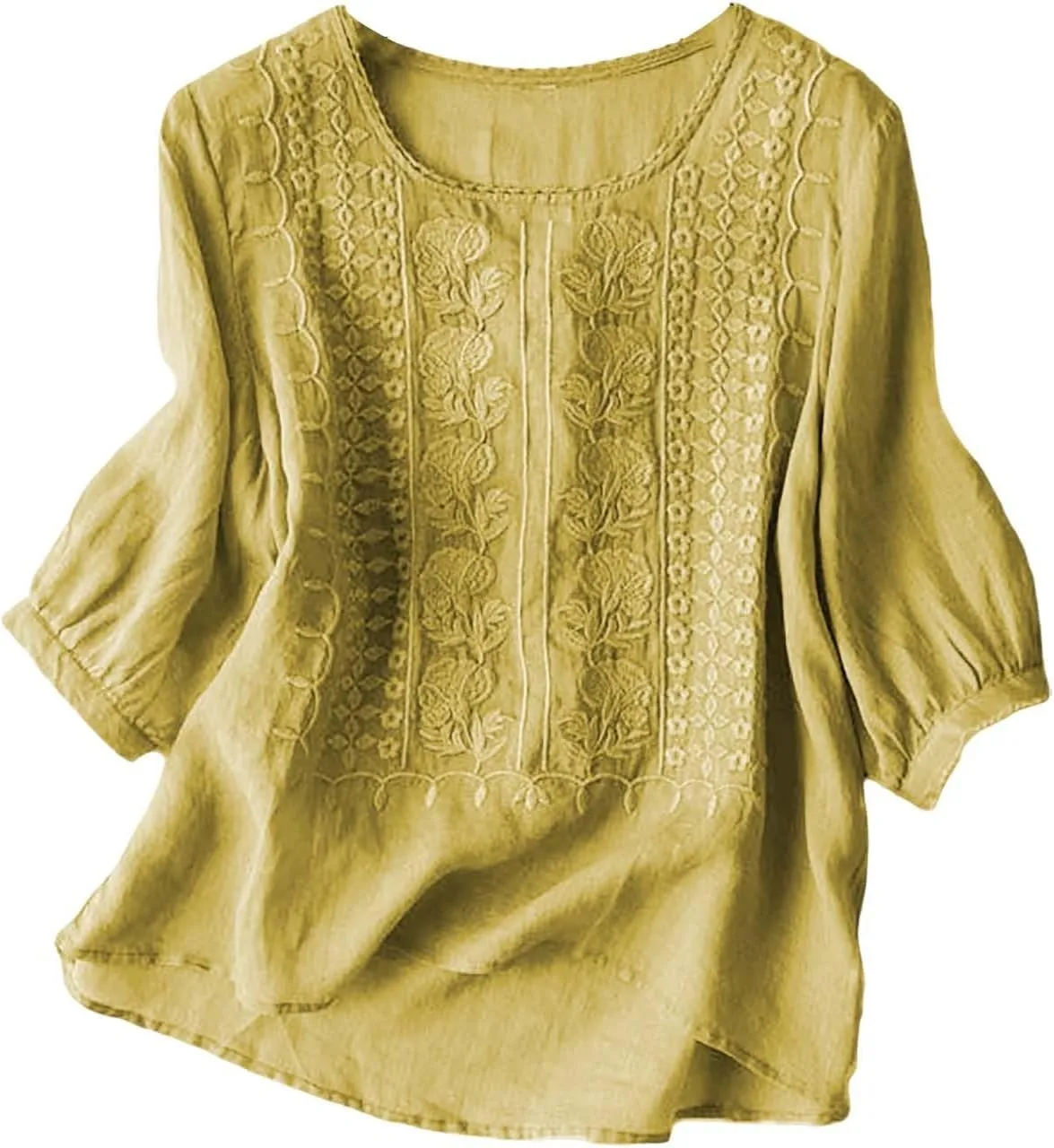 Cotton Linen Shirts for Women 2025 Trendy Summer Floral Embroidered 3/4 Sleeve Gauze Boho Blouse Casual Vacation Top