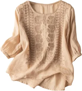 Cotton Linen Shirts for Women 2025 Trendy Summer Floral Embroidered 3/4 Sleeve Gauze Boho Blouse Casual Vacation Top
