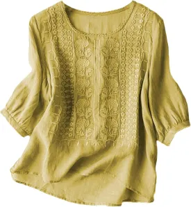 Cotton Linen Shirts for Women 2025 Trendy Summer Floral Embroidered 3/4 Sleeve Gauze Boho Blouse Casual Vacation Top