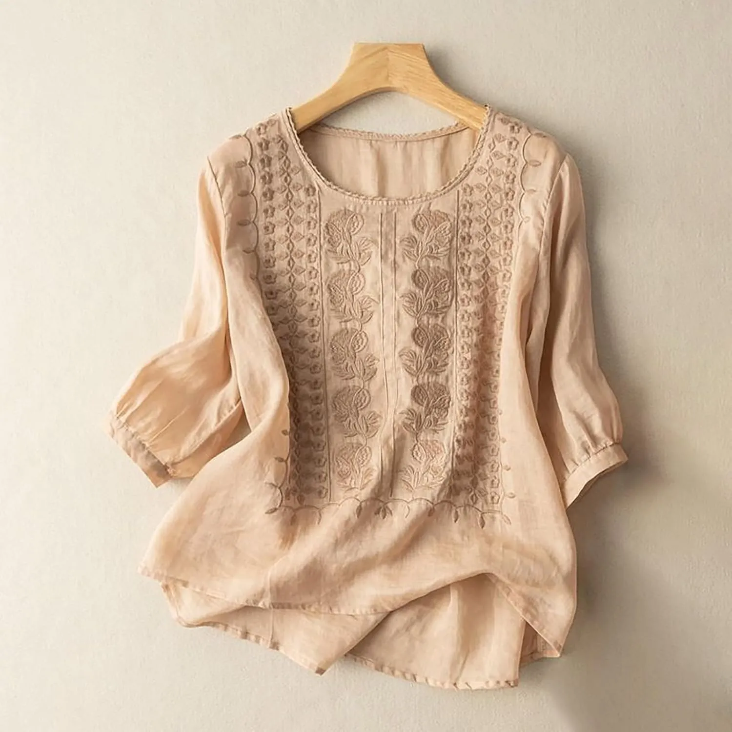 Cotton Linen Shirts for Women 2025 Trendy Summer Floral Embroidered 3/4 Sleeve Gauze Boho Blouse Casual Vacation Top
