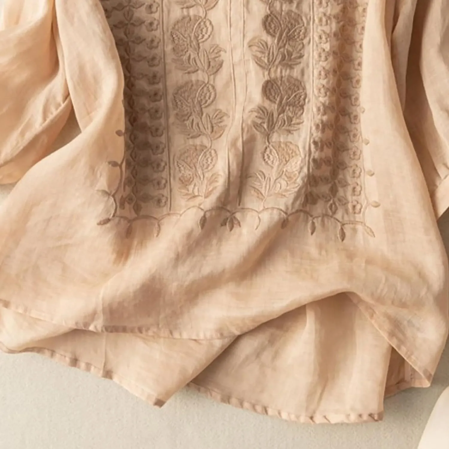 Cotton Linen Shirts for Women 2025 Trendy Summer Floral Embroidered 3/4 Sleeve Gauze Boho Blouse Casual Vacation Top