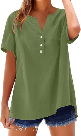 Cotton Linen Shirts for Women Summer Tops 2025 Short Sleeve Button Down Lightweight Blouses Beach Vacation Clothes