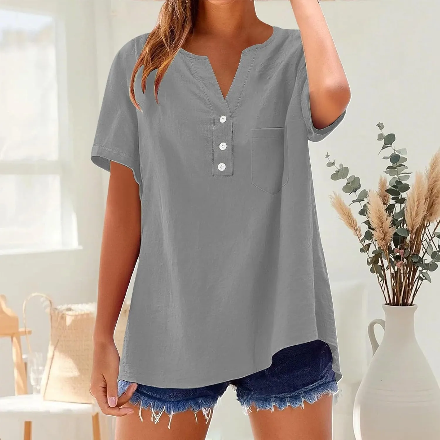 Cotton Linen Shirts for Women Summer Tops 2025 Short Sleeve Button Down Lightweight Blouses Beach Vacation Clothes