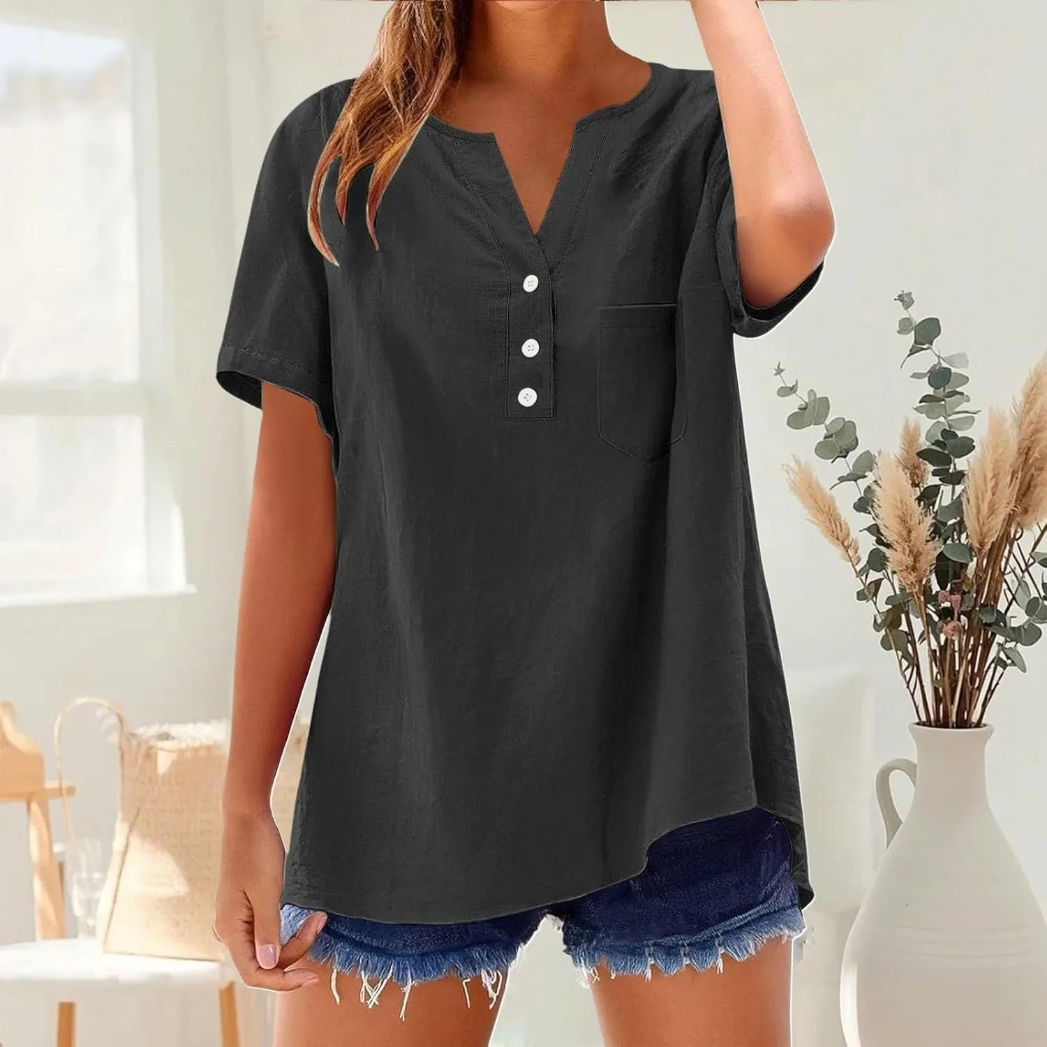 Cotton Linen Shirts for Women Summer Tops 2025 Short Sleeve Button Down Lightweight Blouses Beach Vacation Clothes