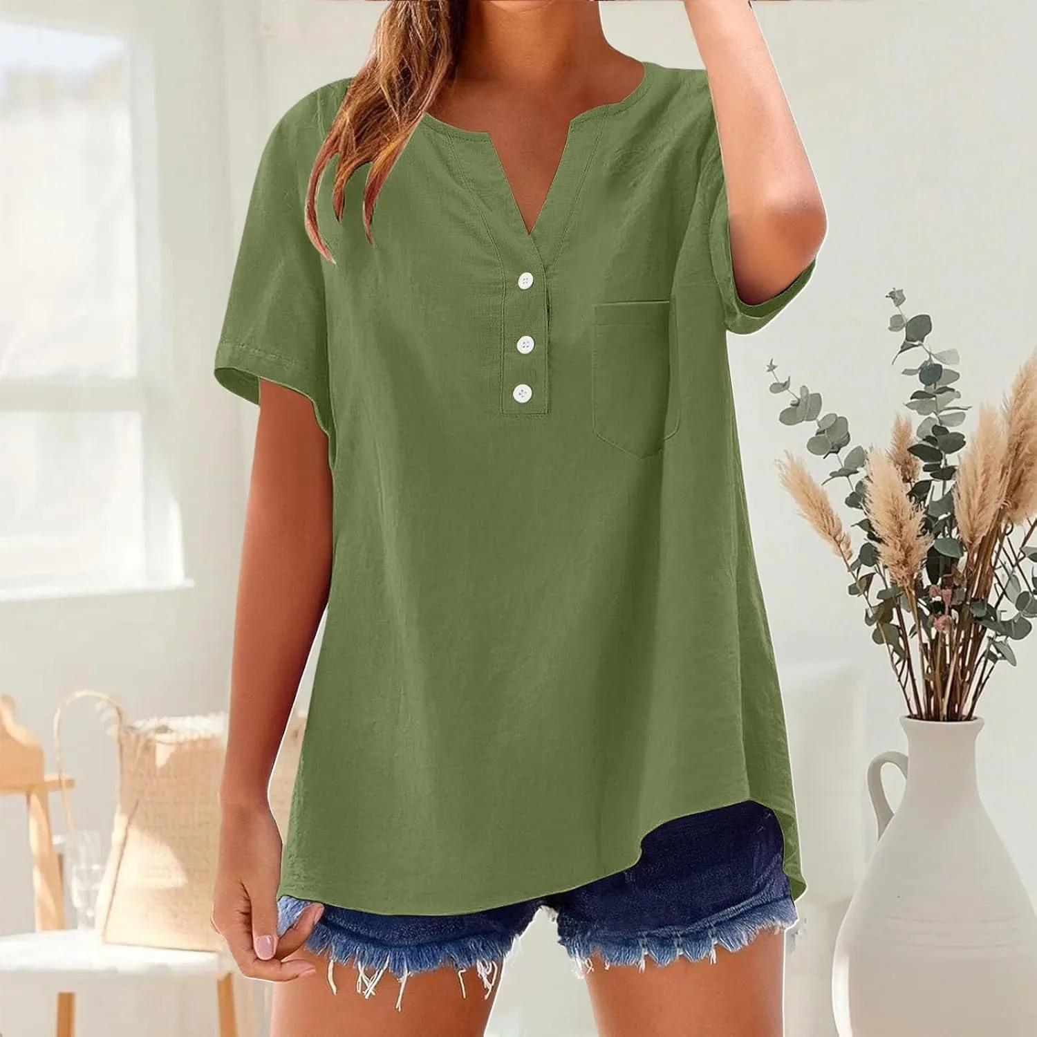 Cotton Linen Shirts for Women Summer Tops 2025 Short Sleeve Button Down Lightweight Blouses Beach Vacation Clothes