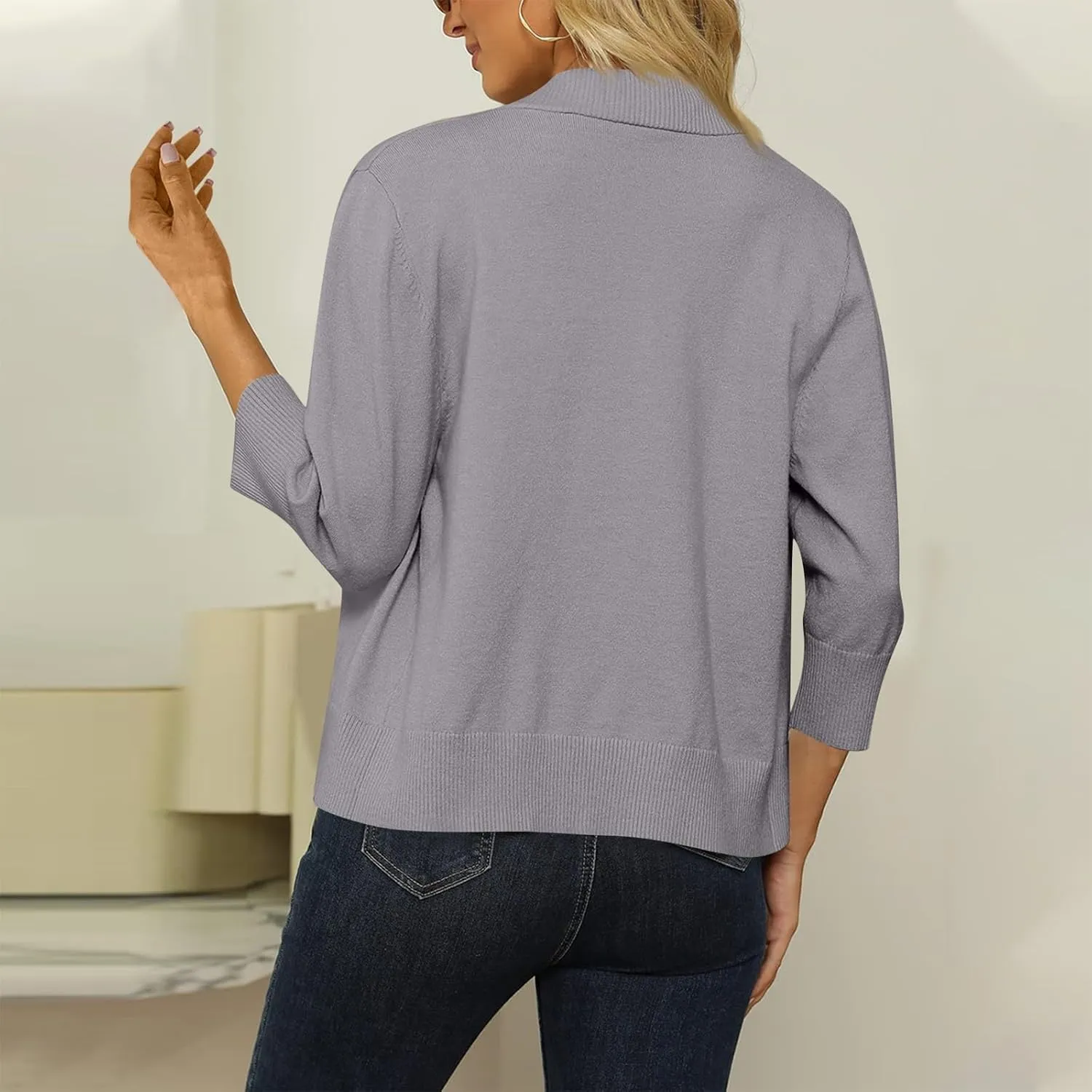 Cropped Cardigan for Women 3/4 Sleeve Cardigan Sweaters Lightweight Open Front Ribbed Knit Sweater Cute Cardigan
