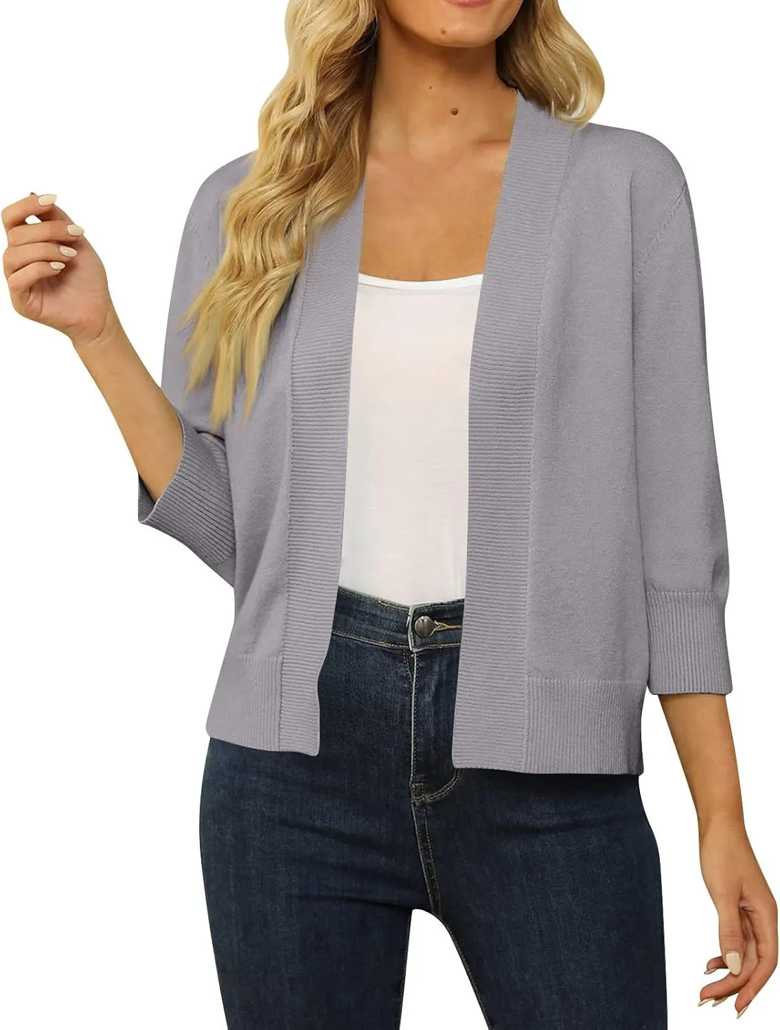 Cropped Cardigan for Women 3/4 Sleeve Cardigan Sweaters Lightweight Open Front Ribbed Knit Sweater Cute Cardigan