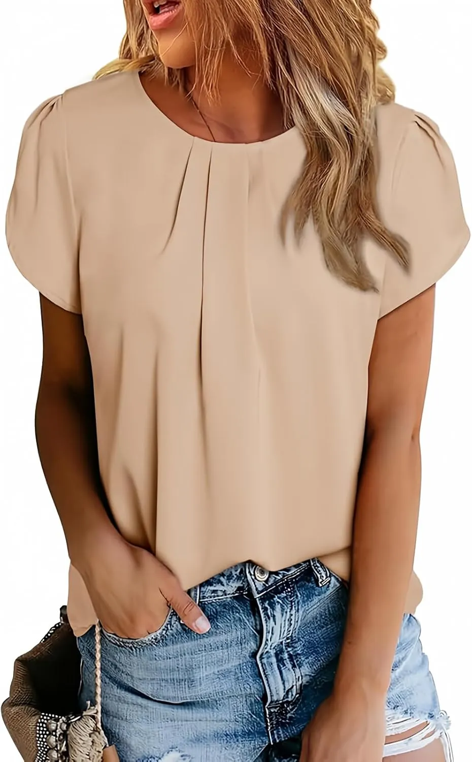 Dokotoo Women's Casual Round Neck Basic Pleated Tops Short Sleeve Loose Fit Curved Keyhole Back Chiffon Blouses Tshirts